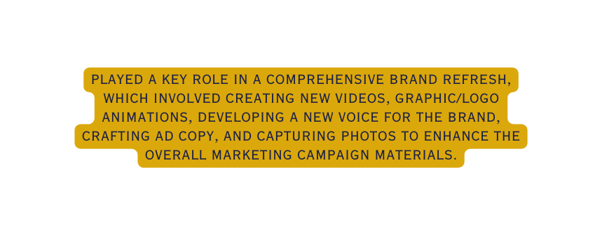 played a key role in a comprehensive brand refresh which involved creating new videos graphic logo animations developing a new voice for the brand crafting ad copy and capturing photos to enhance the overall marketing campaign materials